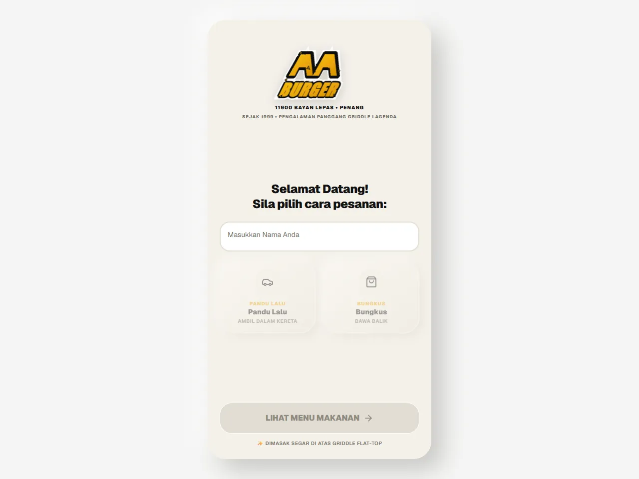 Antara muka pesanan AA Burger Kiosk