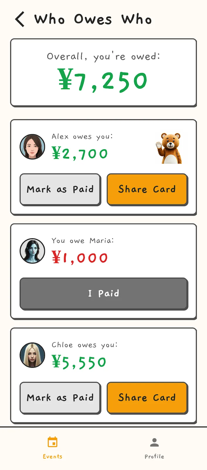 02 / Make the balances clear — BearSplit UI concept with sample data