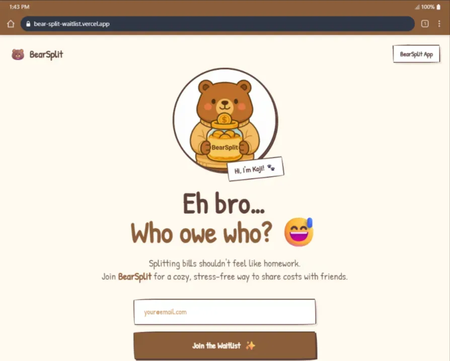 BearSplit Waitlist — Waitlist app with playful UX & product thinking