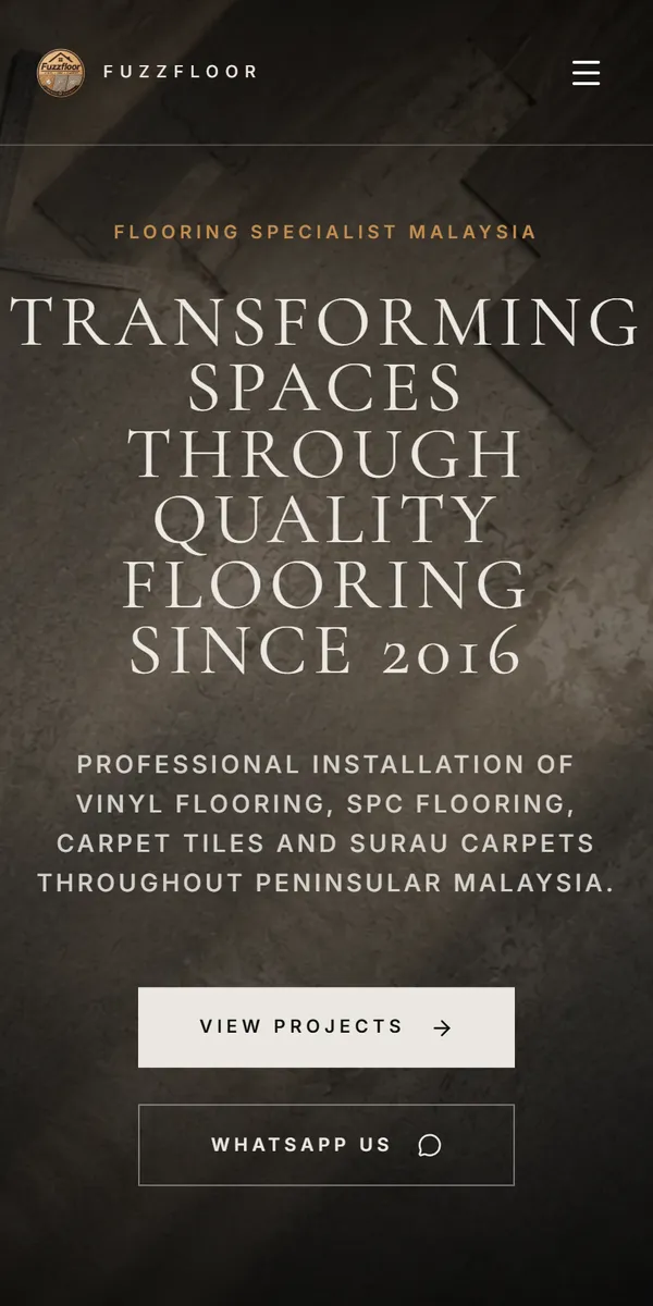 Laman web mudah alih Fuzzfloor dengan servis lantai dan pilihan pertanyaan projek