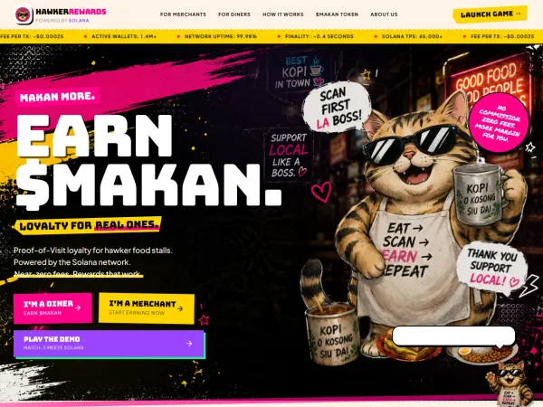 HawkerRewards — Solana-powered loyalty demo for hawker stalls with a playable match-3 game