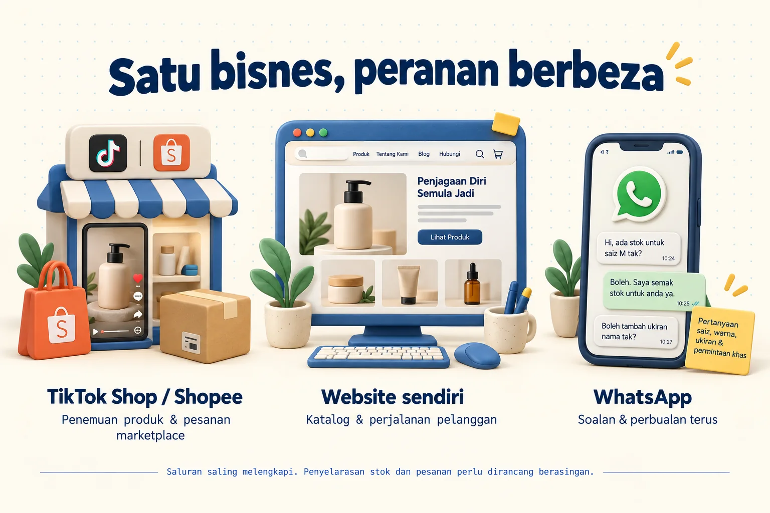 Ilustrasi tiga saluran berasingan: TikTok Shop dan Shopee untuk penemuan produk serta pesanan marketplace, website sendiri untuk katalog dan perjalanan pelanggan, dan WhatsApp untuk soalan serta perbualan terus. Penyelarasan stok dan pesanan perlu dirancang berasingan.